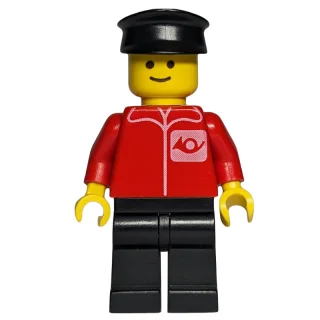 Minifigurka Postal Worker, Red Shirt with Horn Logo, Black Legs, Black Hat (3626a Head)
