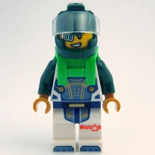 Astronaut, White Spacesuit, Bright Green Backpack, Dark Green Helmet, Eyepiece