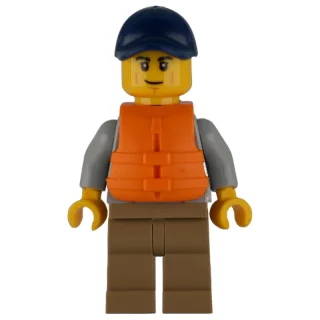 Man, Light Bluish Gray Hoodie over Dark Red Shirt, Dark Tan Legs, Dark Blue Cap, Orange Life Vest
