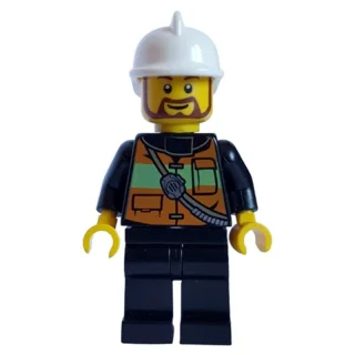 Fireman with Reflective Stripe Vest with Pockets and Radio on Shoulder Strap, White Fire Helmet, and Beard