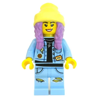 Parker L. Jackson, Bright Light Blue Denim Jacket, Bright Light Yellow Beanie Hat, Medium Lavender Hair