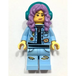 Minifigurka Parker L. Jackson, Bright Light Blue Denim Jacket, Medium Lavender Hair with Headphones, Angry / Smirk