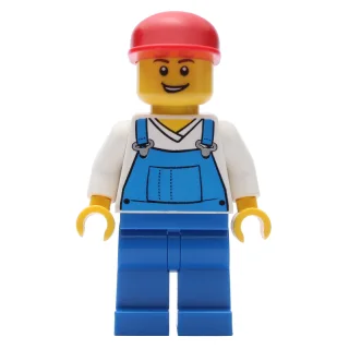 Man, Blue Overalls over White V-Neck Shirt, Red Cap, Open Mouth