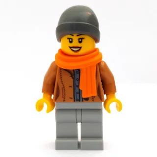 Woman, Open Medium Nougat Jacket, Light Bluish Gray Legs, Dark Bluish Gray Beanie Hat, Orange Scarf