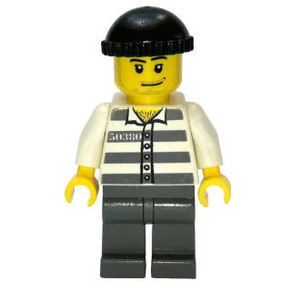 Criminal, Prison Shirt with #50380, Dark Bluish Gray Legs, Black Hat, Stubble
