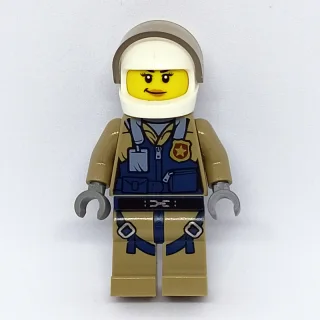 Policewoman, Dark Blue Vest over Dark Tan Jacket with Zipper and Badge, White Helmet with Visor