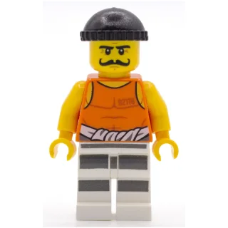 Criminal Simon Sin, Orange Vest with #92116 and Waist Tied Prison Shirt, Black Hat, Moustache