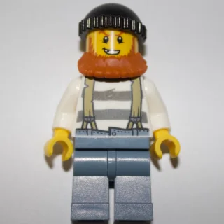 Criminal, Prison Shirt with Suspenders, Black Hat, Dark Orange Beard