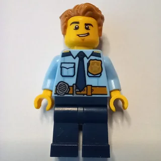 Policeman, Bright Light Blue Shirt with Dark Blue Tie, Badge, and Radio on Belt, Medium Nougat Hair