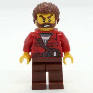 Criminal, Red Jacket over Prison Shirt, Reddish Brown Hair, Beard