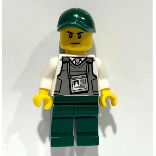 Security Guard, Dark Bluish Gray Vest with ID Badge, Dark Green Cap