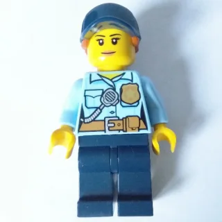 Policewoman, Bright Light Blue Shirt with Radio and Badge, Dark Blue Legs, Dark Blue Cap with Hair