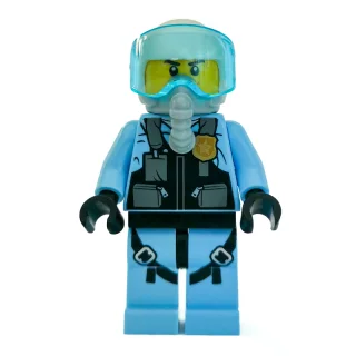 Policeman, Black Vest with Badge and Pouches over Bright Light Blue Shirt, White Helmet with Visor, Breathing Apparatus