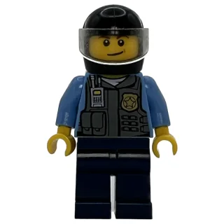 Policeman, Dark Bluish Gray Vest with Radio, Badge and Pouches over Medium Blue Shirt, Black Helmet with Visor