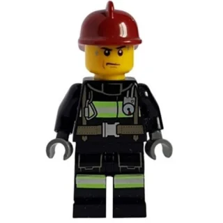 Minifigurka Fireman, Black Fire Suit with Gauge and Straps, Dark Red Helmet, Sweat Drops