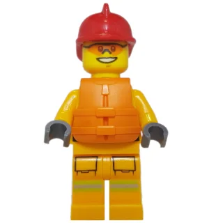 Fireman, Bright Light Orange Fire Suit, Red Helmet, Orange Life Vest, Orange Sunglasses