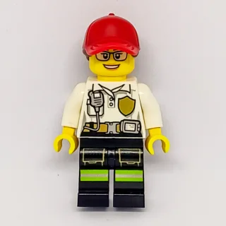 Firewoman, White Polo Shirt with Radio and Badge, Red Cap with Hair, Glasses
