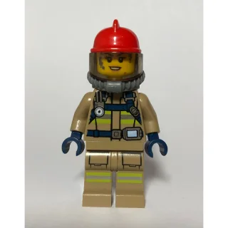 Firewoman, Dark Tan Fire Suit with Gauge and Straps, Red Helmet, Breathing Apparatus, Airtanks, Dirty