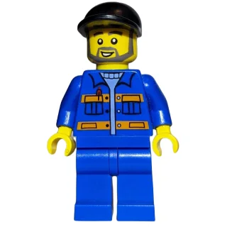 Construction Worker, Blue Jacket with Orange Stripes, Blue Legs, Black Cap, Beard