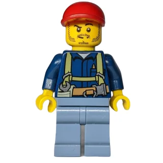 Miner, Dark Blue Shirt with Harness, Red Cap, Stubble