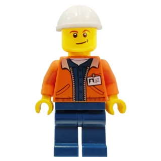 Minifigurka Miner, Open Orange Jacket with ID Badge, White Hard Hat