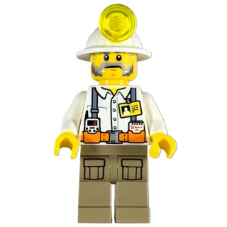 Minifigurka Miner, White Shirt with Straps and ID Badge, White Mining Hat, Mutton Chops and Moustache