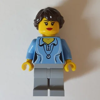 Woman, Medium Blue Polo Shirt with Necklace, Light Bluish Gray Legs, Dark Brown Hair