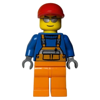 Construction Worker, Orange Overalls over Blue Sweater, Red Cap, Silver Sunglasses
