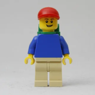 Blue Torso, Tan Legs, Red Cap, Green Backpack
