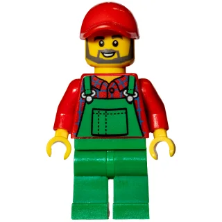 Man, Green Overalls over Red Shirt, Red Cap, Beard
