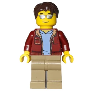 Man, Open Dark Red Jacket, Dark Tan Legs, Dark Brown Hair, Silver Sunglasses