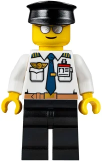 Minifigurka Pilot, White Shirt with Tie and Wing Badge, Black Legs, Black Hat, Silver Sunglasses