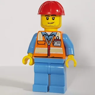 Minifigurka Ground Crew, Orange Safety Vest, Medium Blue Legs, Red Hard Hat, Stubble