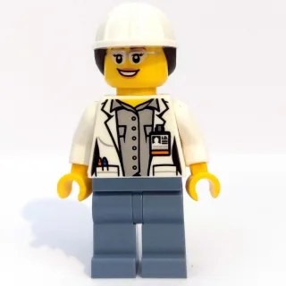 Volcano Explorer Scientist, Woman, Open White Lab Coat, Sand Blue Legs, White Hard Hat with Hair