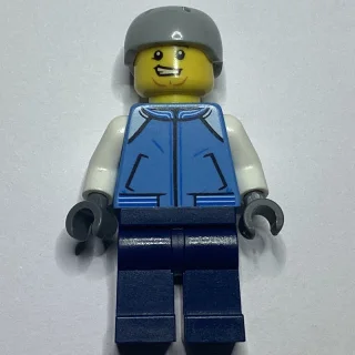 Man, Bright Light Blue Letterman Jacket, Dark Blue Legs, Light Bluish Gray Helmet