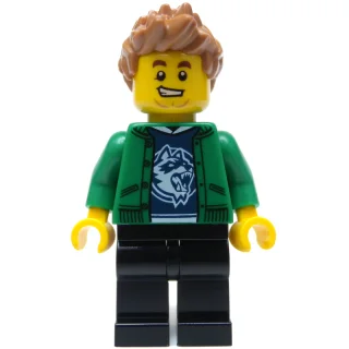 Man, Open Green Jacket, Black Legs, Medium Nougat Hair