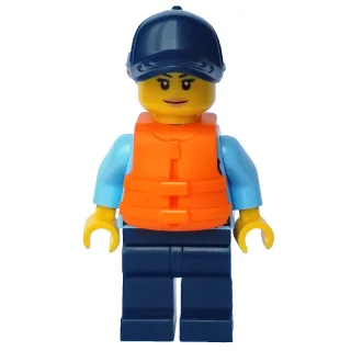 Policewoman, Bright Light Blue Shirt with Radio and Badge, Dark Blue Legs, Dark Blue Cap with Hair, Orange Life Jacket