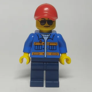 Man, Blue Jacket with Orange Stripes, Dark Blue Legs, Red Cap, Sunglasses