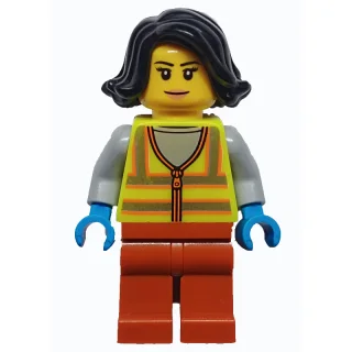 Woman, Vibrant Yellow Safety Vest, Dark Orange Legs, Black Hair