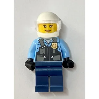 Policewoman, Bright Light Blue Shirt, Dark Blue Legs, White Helmet and Visor