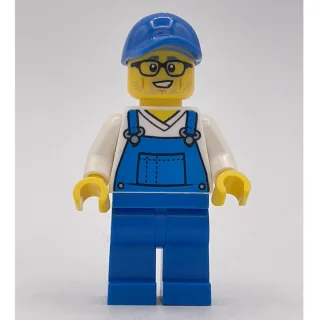 Man, Blue Overalls, Blue Cap