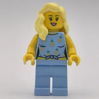 Woman, Bright Light Blue Outfit with Pineapples