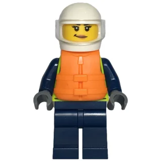 Police Officer, Vibrant Yellow Safety Vest, Dark Blue Legs, Orange Life Vest, White Helmet