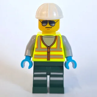 Train Driver, Vibrant Yellow Safety Vest, Dark Green Legs, White Hard Hat