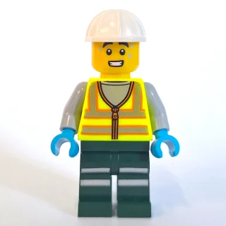 Train Crew, Vibrant Yellow Safety Vest, Dark Green Legs, White Hard Hat