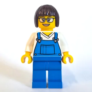 Woman, Blue Overalls, Dark Brown Hair
