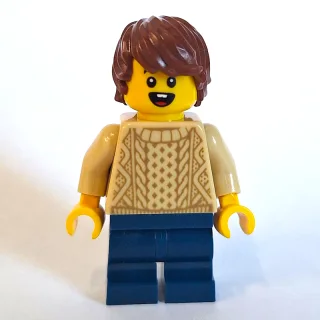 Boy, Tan Sweater, Dark Blue Medium Legs