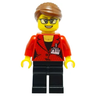 Woman, Red Jacket, Black Legs, Reddish Brown Hair. Press Badge