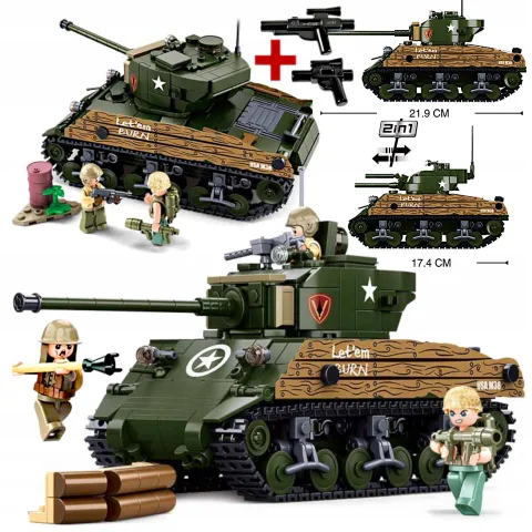 Czołg Sherman M4A3E2 Jumbo +M3/M5 Stuart 3 Figurki el+ Broń